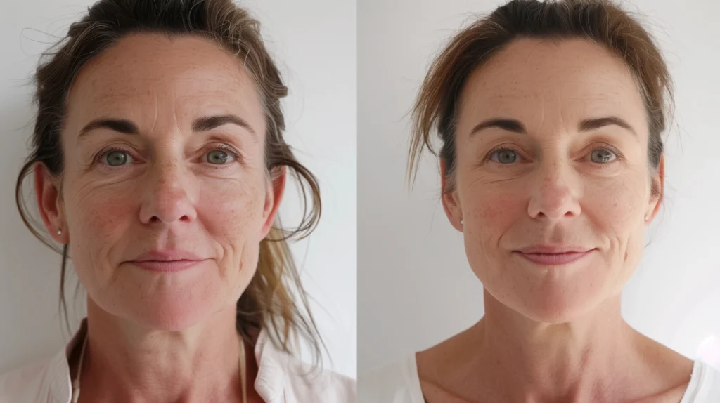 Before and after images of a woman's face showcasing the transformative results of SkinPen microneedling.